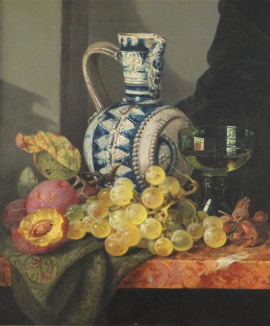 Edward Ladell (1821-1886) Still life of fruit beside a glass and stoneware jug 14 x 12in.